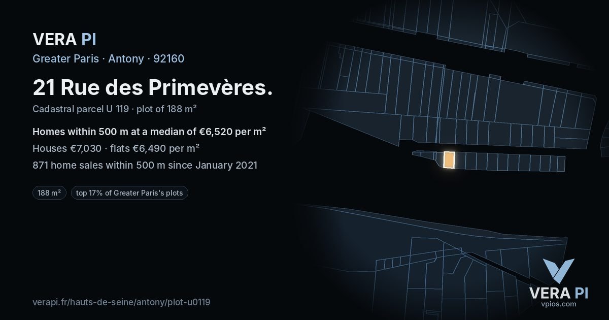21 Rue des Primevères, Antony at night – the plot lit, the parcels around coloured by the prices near them