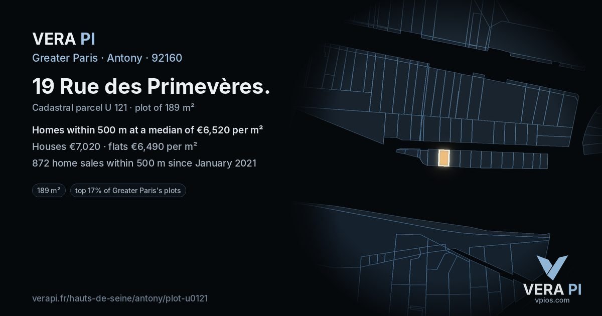 19 Rue des Primevères, Antony at night – the plot lit, the parcels around coloured by the prices near them