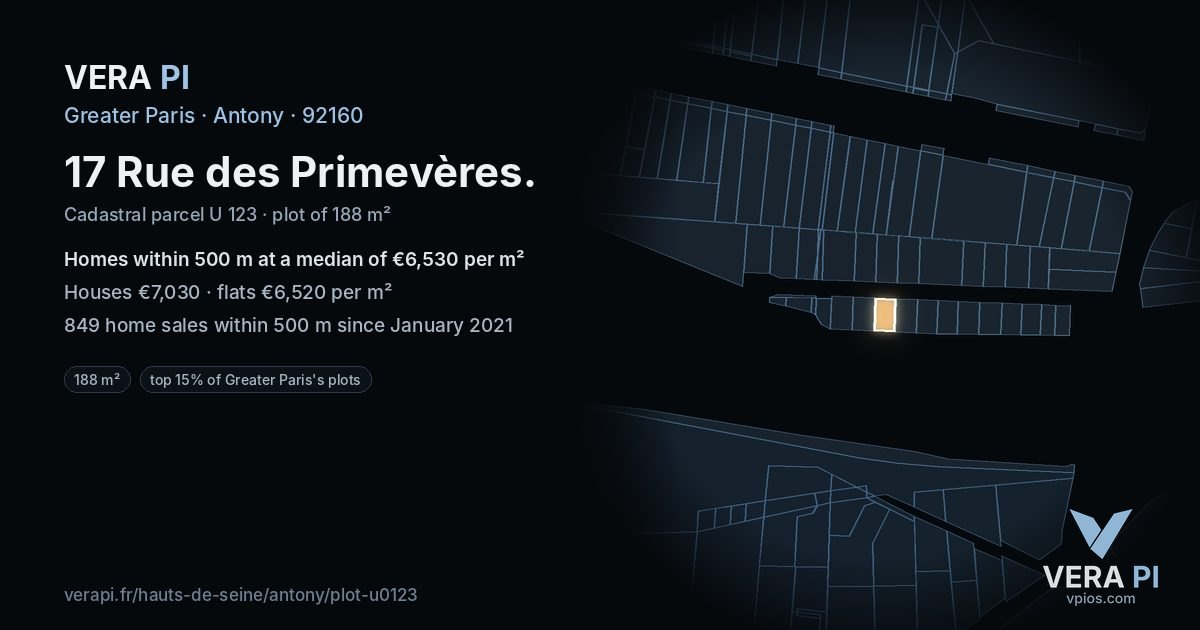 17 Rue des Primevères, Antony at night – the plot lit, the parcels around coloured by the prices near them