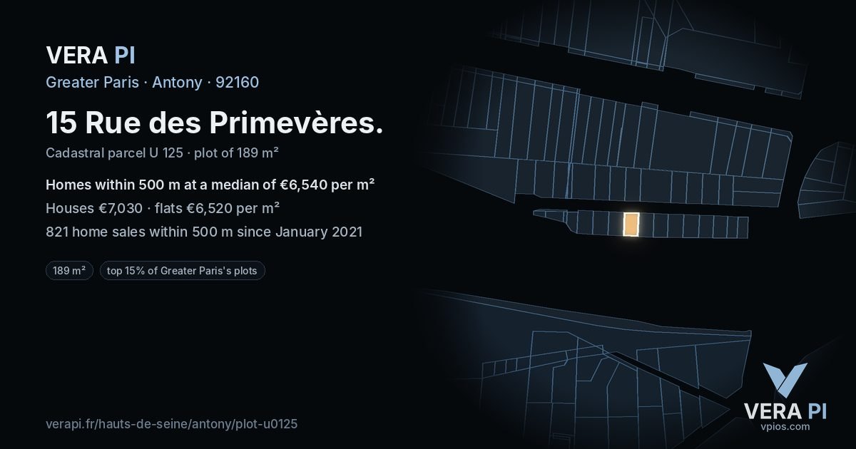 15 Rue des Primevères, Antony at night – the plot lit, the parcels around coloured by the prices near them