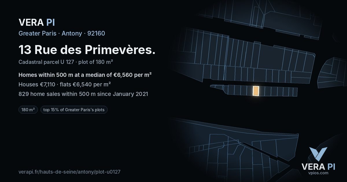 13 Rue des Primevères, Antony at night – the plot lit, the parcels around coloured by the prices near them