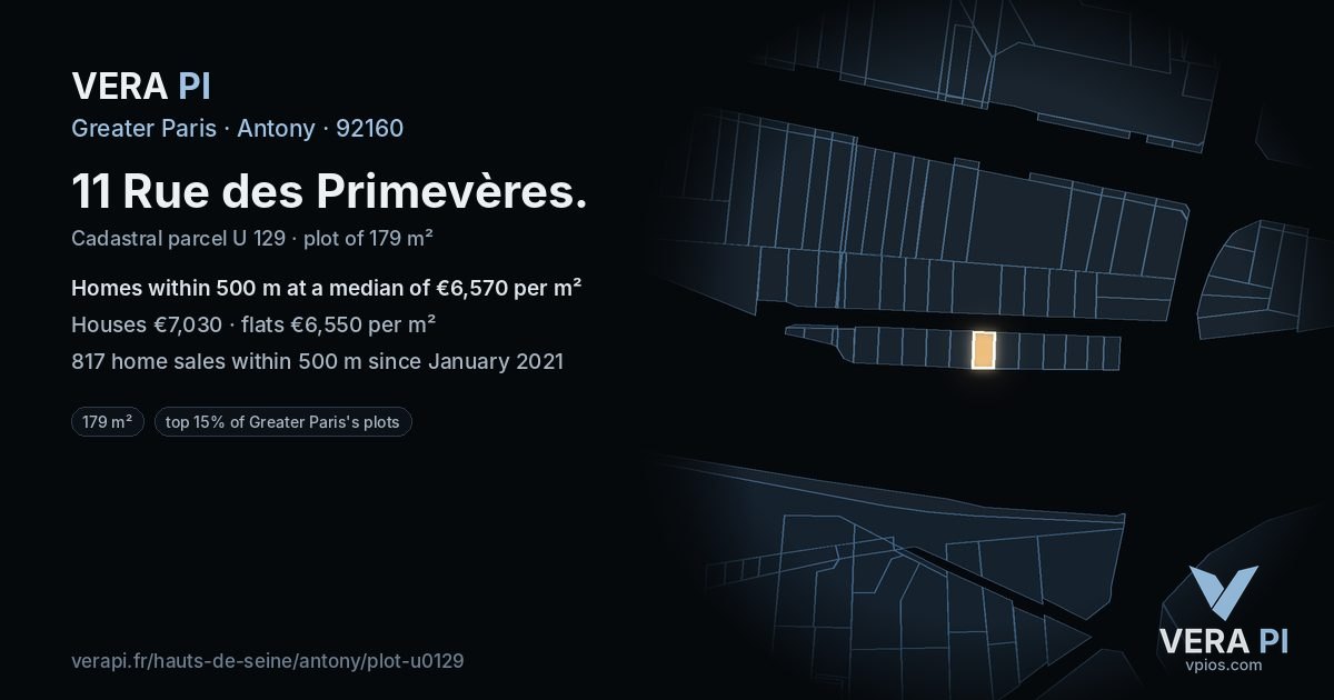 11 Rue des Primevères, Antony at night – the plot lit, the parcels around coloured by the prices near them