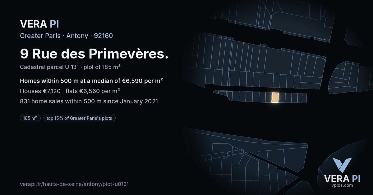 9 Rue des Primevères, Antony at night – the plot lit, the parcels around coloured by the prices near them