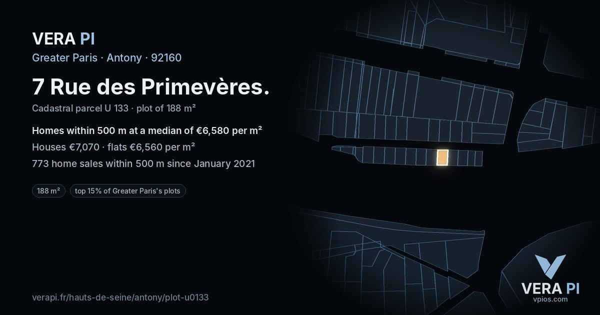 7 Rue des Primevères, Antony at night – the plot lit, the parcels around coloured by the prices near them