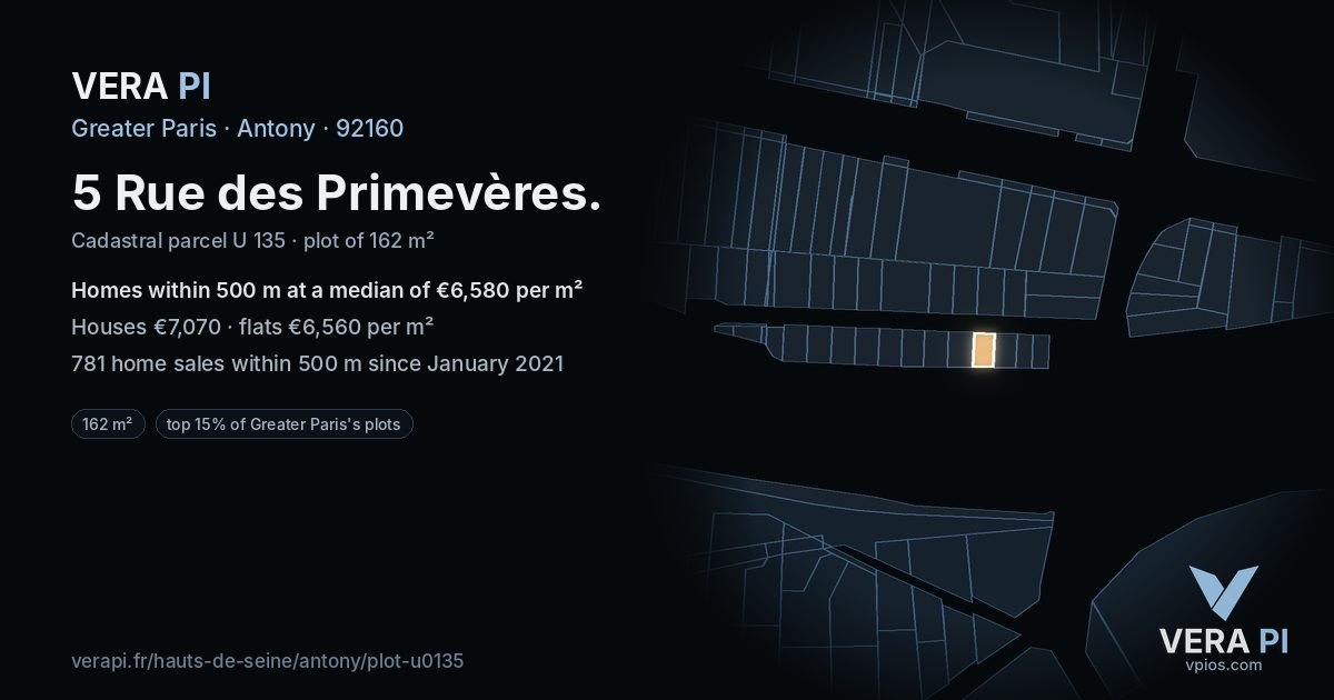 5 Rue des Primevères, Antony at night – the plot lit, the parcels around coloured by the prices near them
