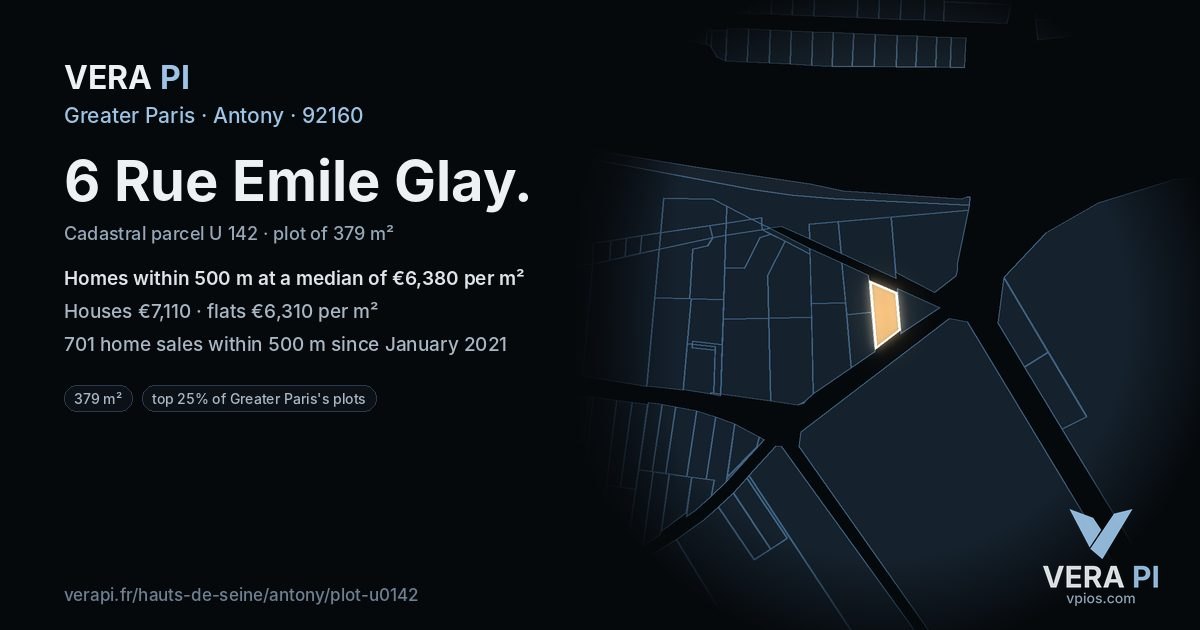 6 Rue Emile Glay, Antony at night – the plot lit, the parcels around coloured by the prices near them