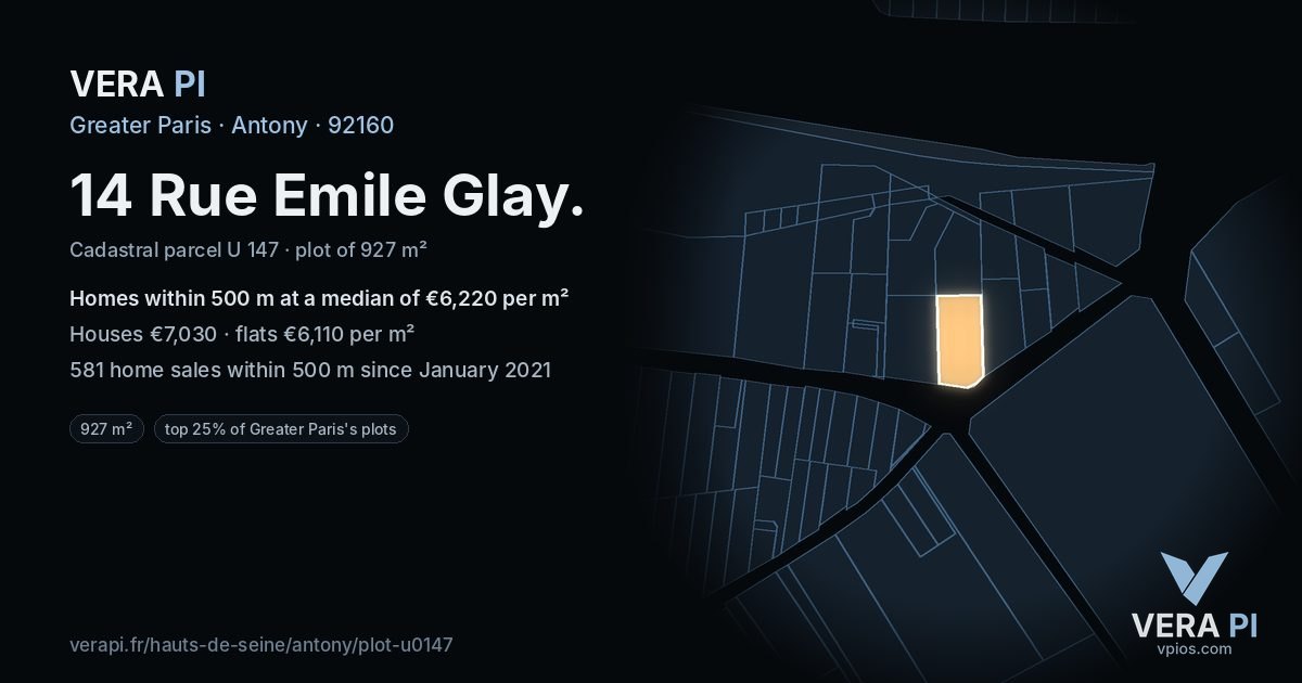 14 Rue Emile Glay, Antony at night – the plot lit, the parcels around coloured by the prices near them