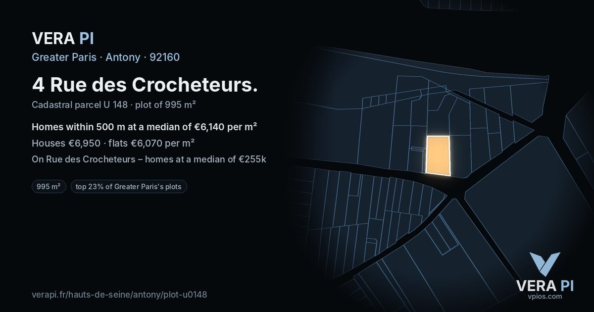 4 Rue des Crocheteurs, Antony at night – the plot lit, the parcels around coloured by the prices near them