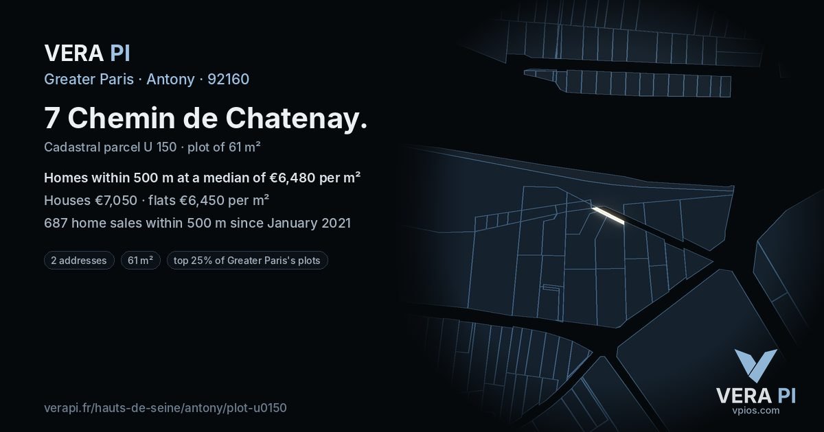 7 Chemin de Chatenay, Antony at night – the plot lit, the parcels around coloured by the prices near them