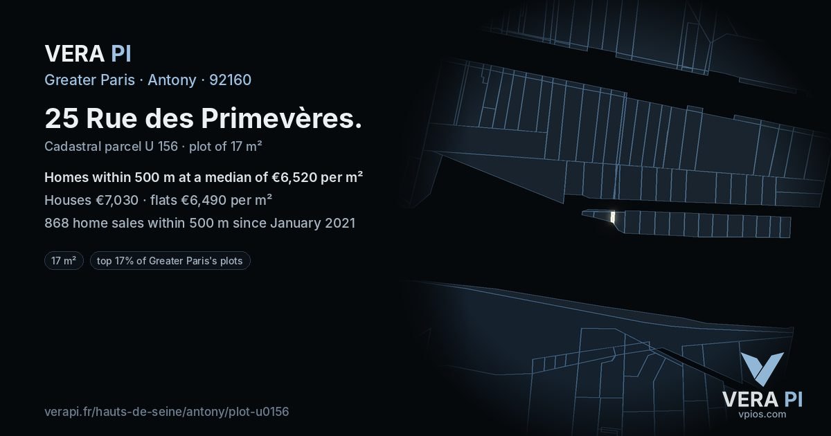 25 Rue des Primevères, Antony at night – the plot lit, the parcels around coloured by the prices near them