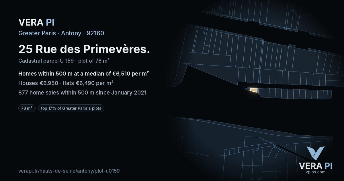 25 Rue des Primevères, Antony at night – the plot lit, the parcels around coloured by the prices near them