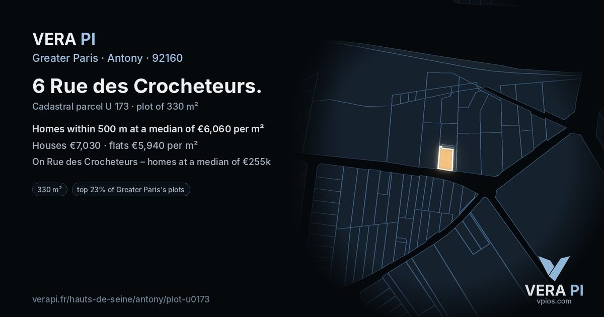 6 Rue des Crocheteurs, Antony at night – the plot lit, the parcels around coloured by the prices near them