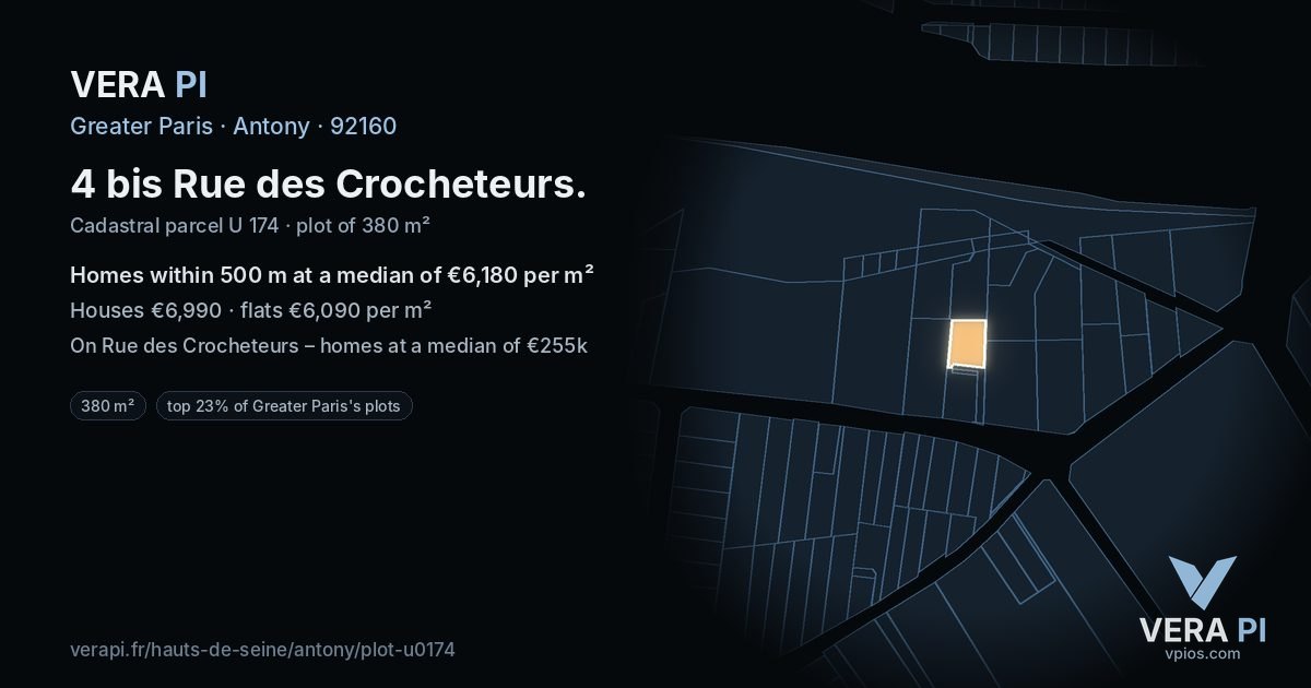 4 bis Rue des Crocheteurs, Antony at night – the plot lit, the parcels around coloured by the prices near them