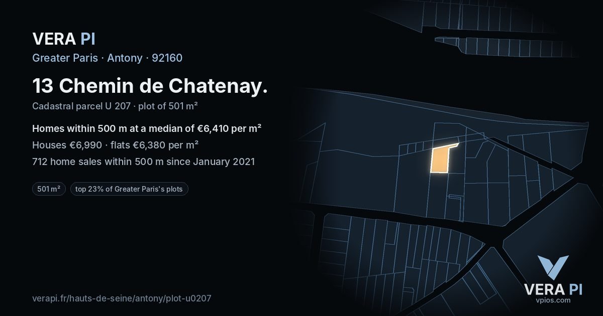 13 Chemin de Chatenay, Antony at night – the plot lit, the parcels around coloured by the prices near them