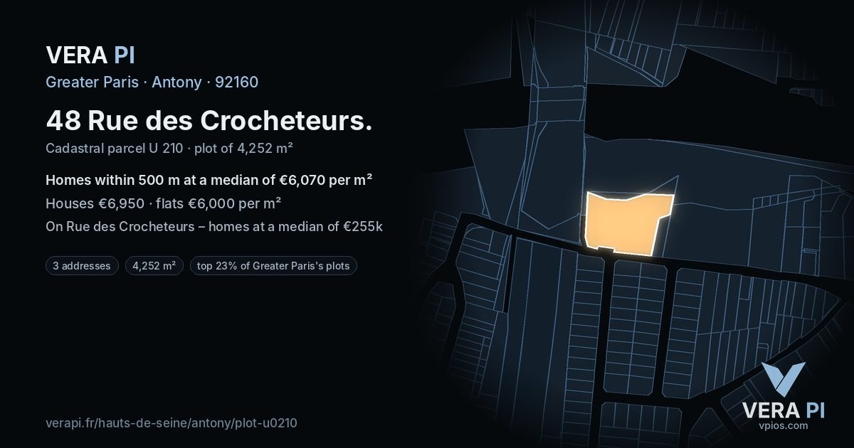 48 Rue des Crocheteurs, Antony at night – the plot lit, the parcels around coloured by the prices near them