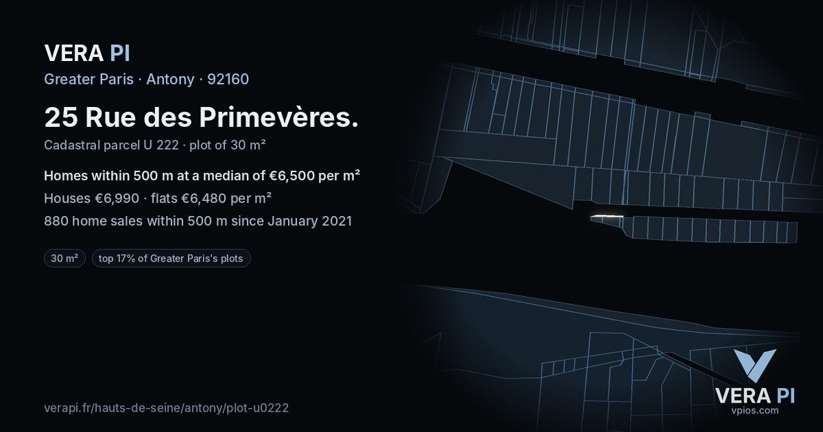 25 Rue des Primevères, Antony at night – the plot lit, the parcels around coloured by the prices near them