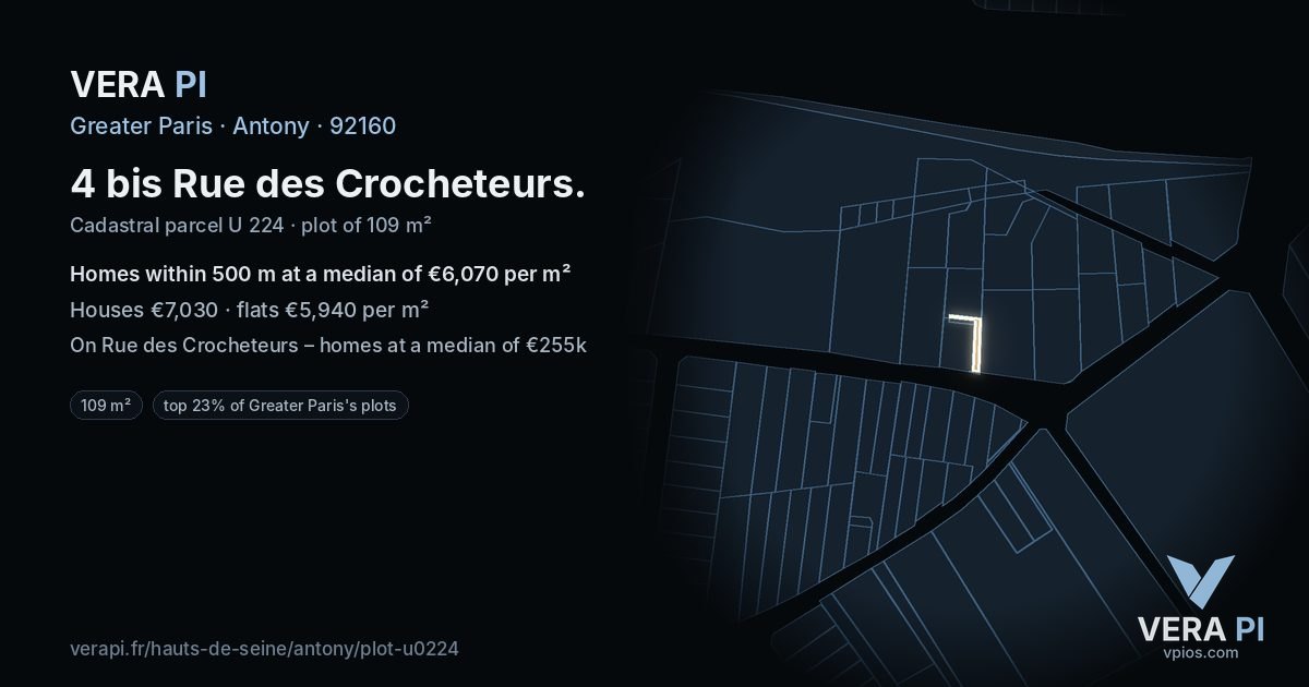 4 bis Rue des Crocheteurs, Antony at night – the plot lit, the parcels around coloured by the prices near them