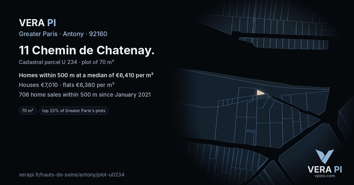11 Chemin de Chatenay, Antony at night – the plot lit, the parcels around coloured by the prices near them