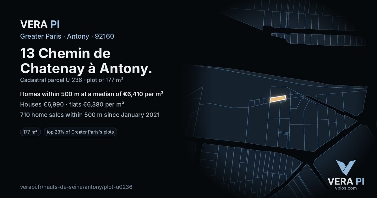 13 Chemin de Chatenay à Antony, Antony at night – the plot lit, the parcels around coloured by the prices near them