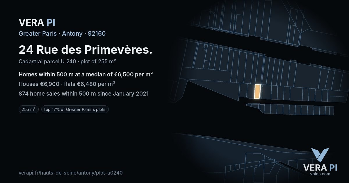 24 Rue des Primevères, Antony at night – the plot lit, the parcels around coloured by the prices near them