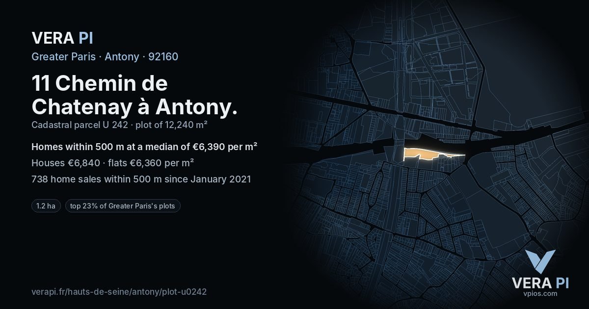 11 Chemin de Chatenay à Antony, Antony at night – the plot lit, the parcels around coloured by the prices near them
