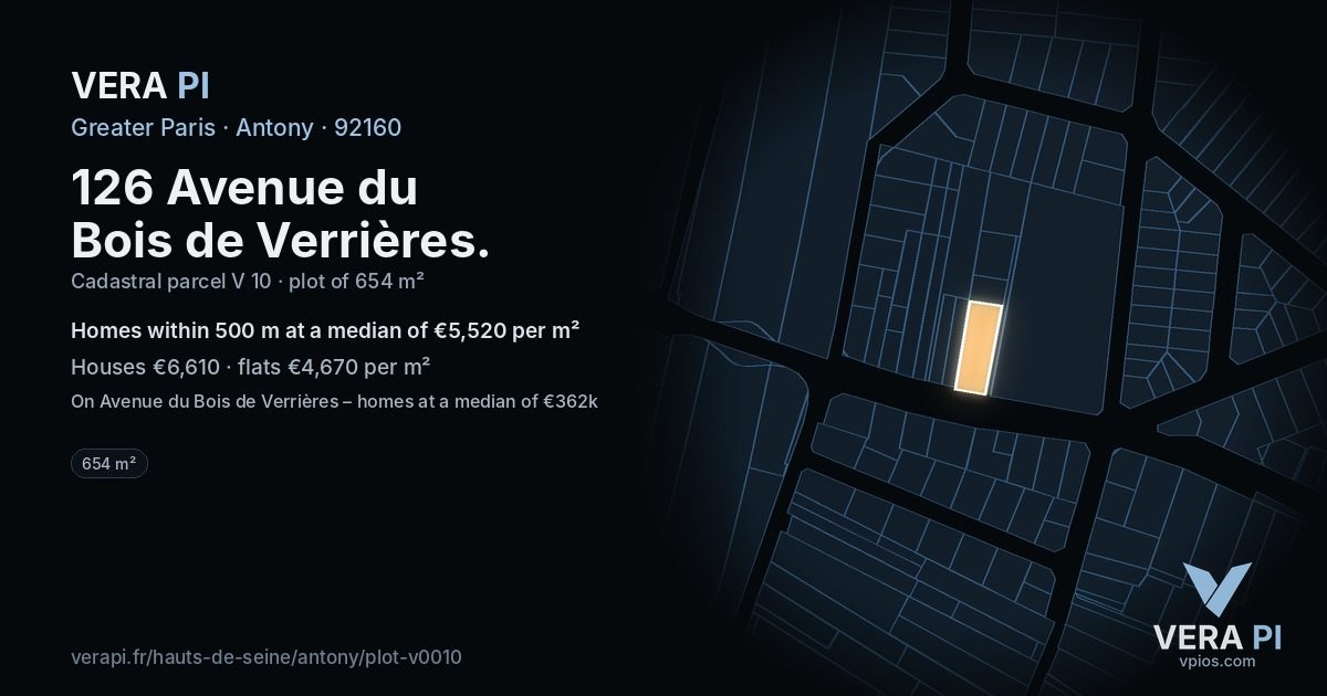 126 Avenue du Bois de Verrières, Antony at night – the plot lit, the parcels around coloured by the prices near them