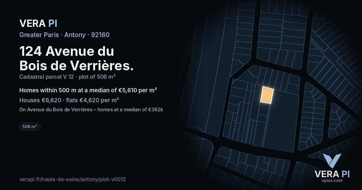 124 Avenue du Bois de Verrières, Antony at night – the plot lit, the parcels around coloured by the prices near them