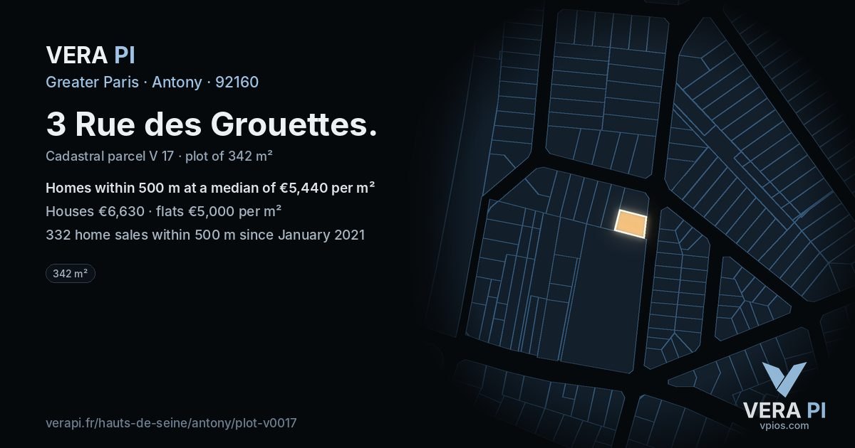 3 Rue des Grouettes, Antony at night – the plot lit, the parcels around coloured by the prices near them