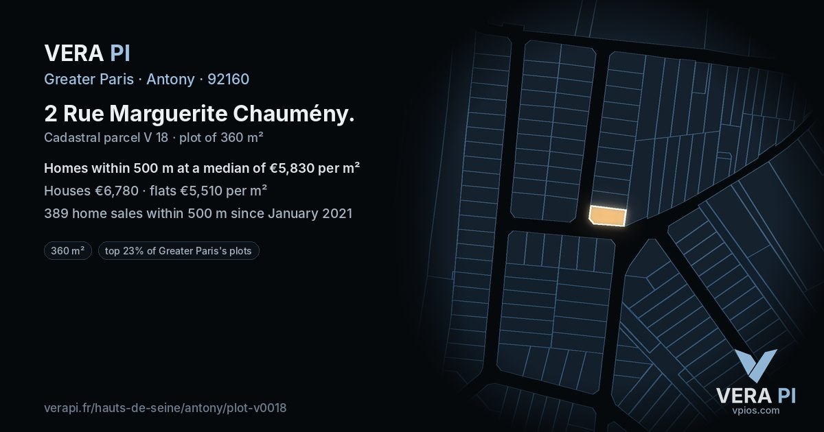 2 Rue Marguerite Chaumény, Antony at night – the plot lit, the parcels around coloured by the prices near them