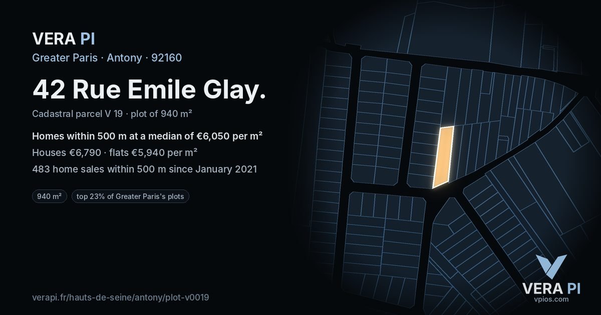 42 Rue Emile Glay, Antony at night – the plot lit, the parcels around coloured by the prices near them
