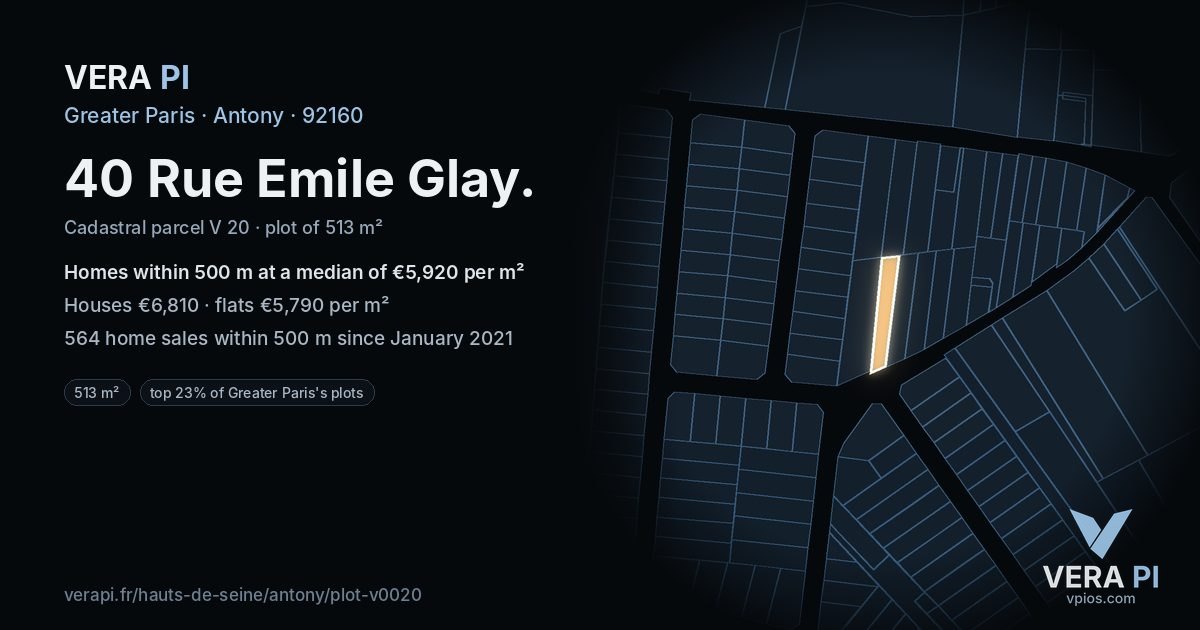 40 Rue Emile Glay, Antony at night – the plot lit, the parcels around coloured by the prices near them