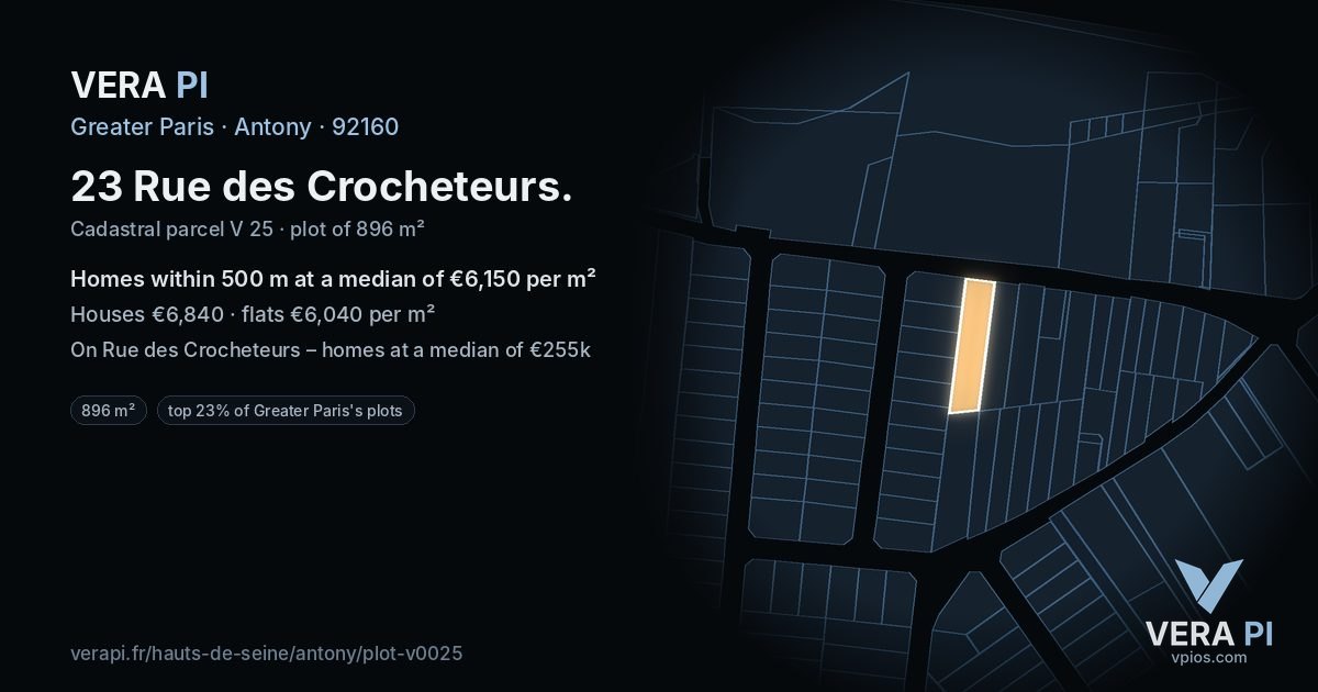 23 Rue des Crocheteurs, Antony at night – the plot lit, the parcels around coloured by the prices near them