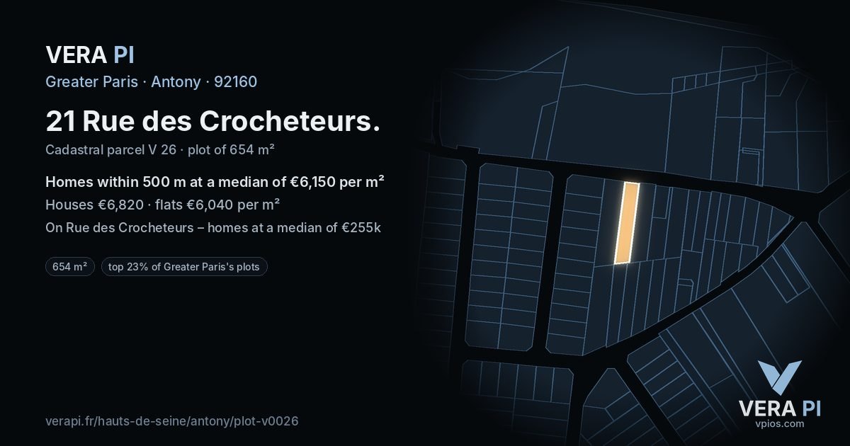 21 Rue des Crocheteurs, Antony at night – the plot lit, the parcels around coloured by the prices near them