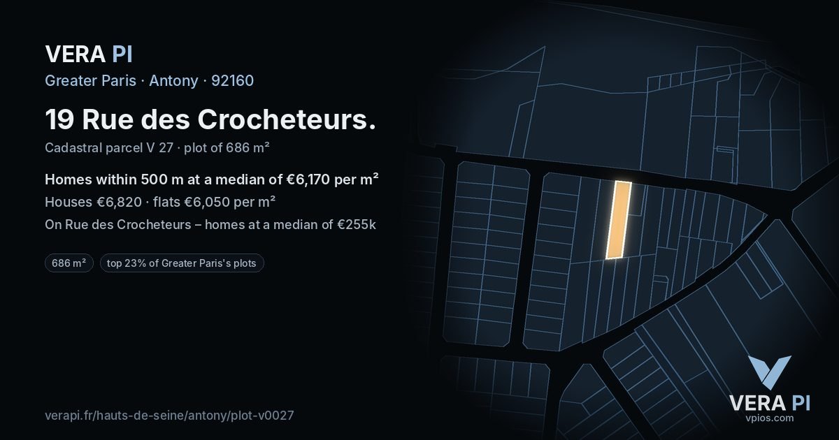 19 Rue des Crocheteurs, Antony at night – the plot lit, the parcels around coloured by the prices near them