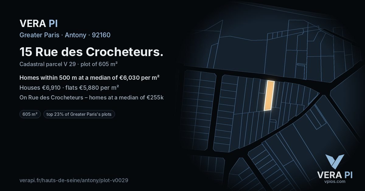 15 Rue des Crocheteurs, Antony at night – the plot lit, the parcels around coloured by the prices near them