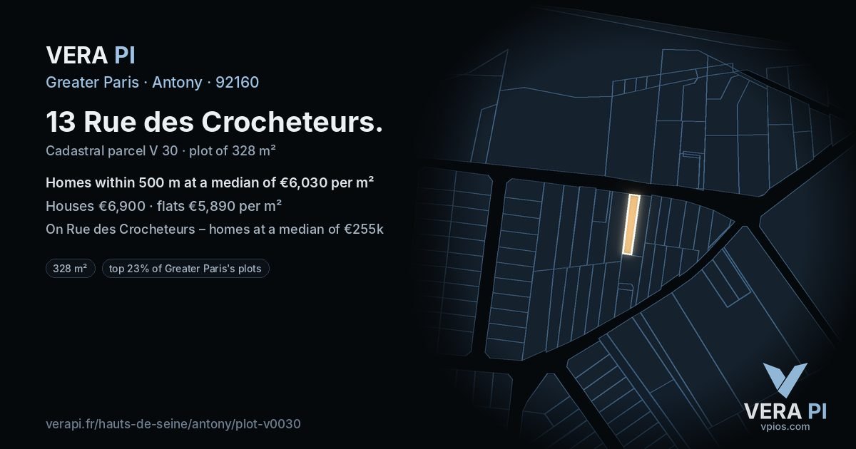 13 Rue des Crocheteurs, Antony at night – the plot lit, the parcels around coloured by the prices near them