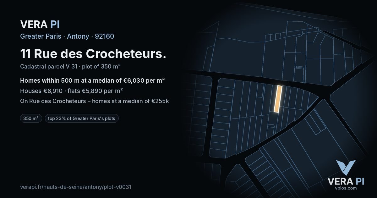 11 Rue des Crocheteurs, Antony at night – the plot lit, the parcels around coloured by the prices near them
