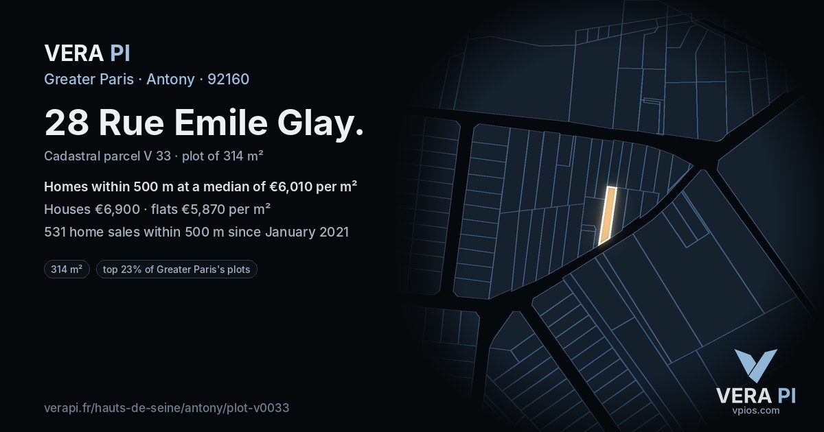 28 Rue Emile Glay, Antony at night – the plot lit, the parcels around coloured by the prices near them