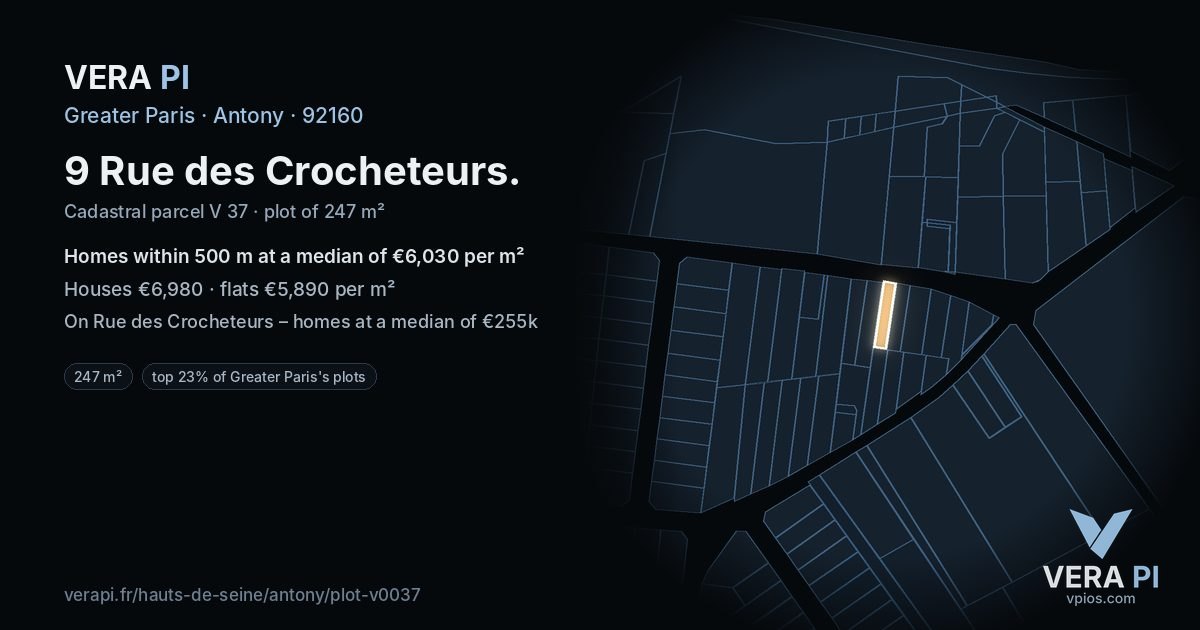 9 Rue des Crocheteurs, Antony at night – the plot lit, the parcels around coloured by the prices near them