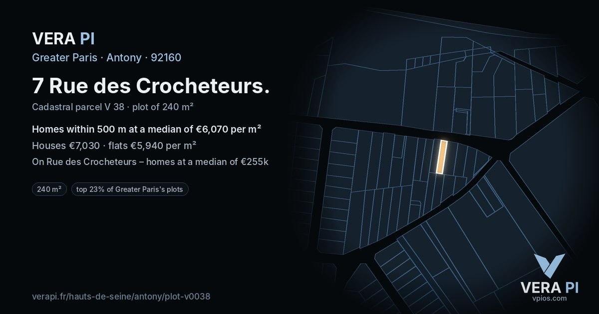 7 Rue des Crocheteurs, Antony at night – the plot lit, the parcels around coloured by the prices near them