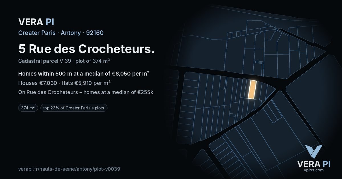 5 Rue des Crocheteurs, Antony at night – the plot lit, the parcels around coloured by the prices near them