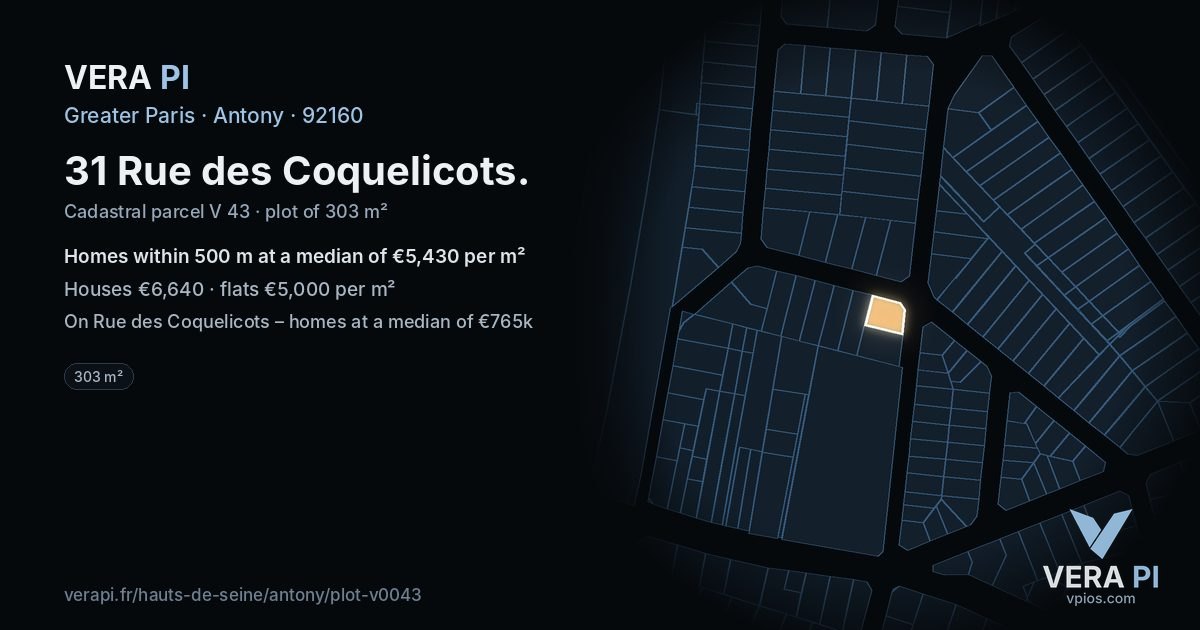 31 Rue des Coquelicots, Antony at night – the plot lit, the parcels around coloured by the prices near them