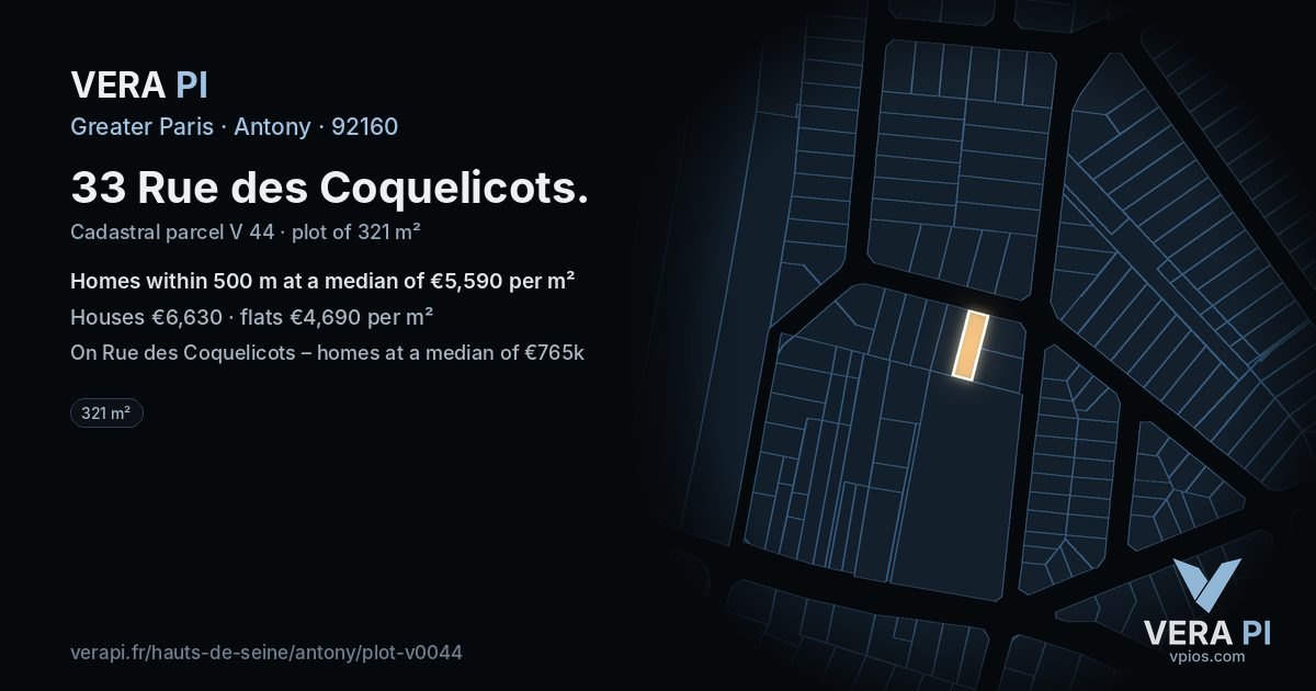 33 Rue des Coquelicots, Antony at night – the plot lit, the parcels around coloured by the prices near them