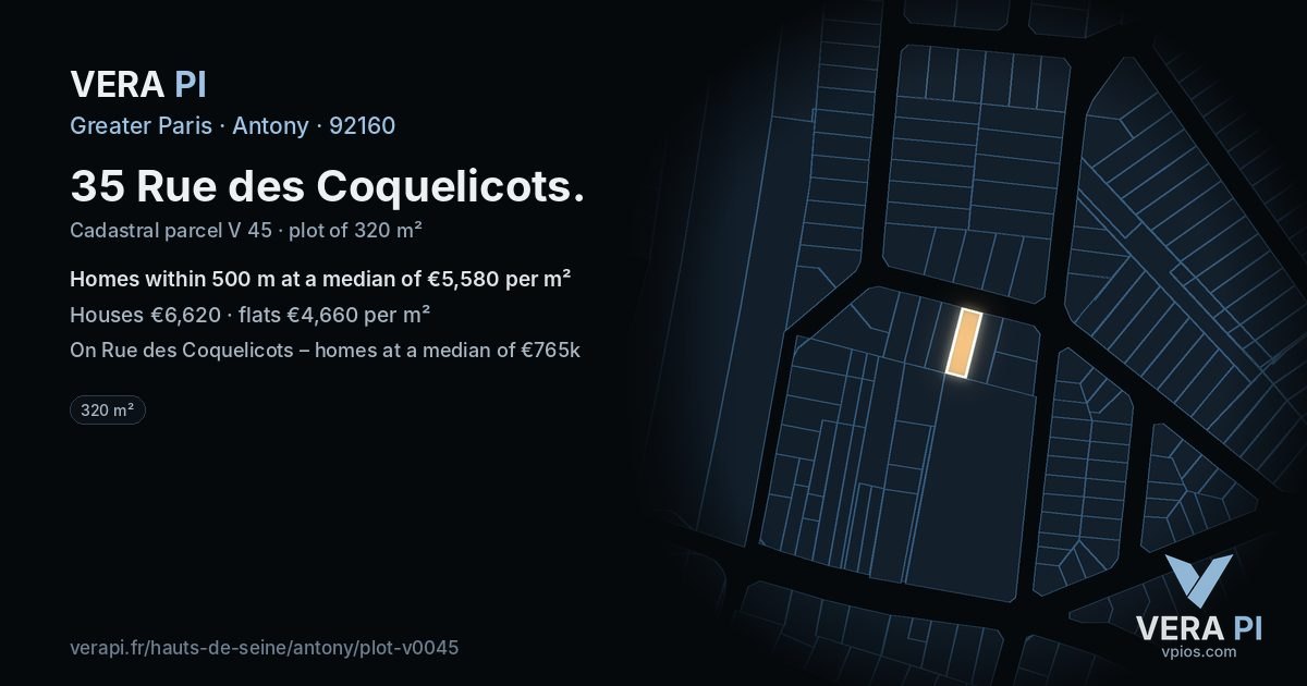 35 Rue des Coquelicots, Antony at night – the plot lit, the parcels around coloured by the prices near them