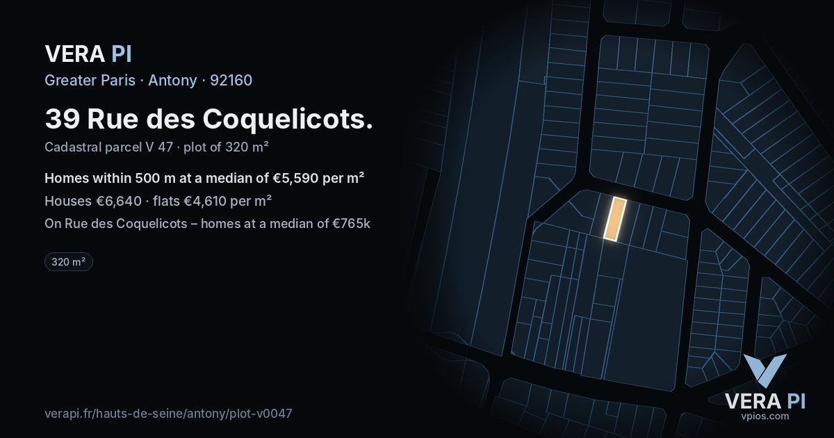 39 Rue des Coquelicots, Antony at night – the plot lit, the parcels around coloured by the prices near them