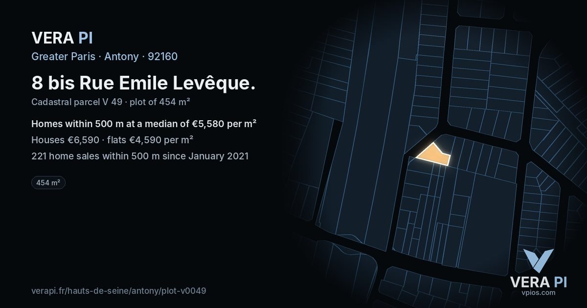 8 bis Rue Emile Levêque, Antony at night – the plot lit, the parcels around coloured by the prices near them