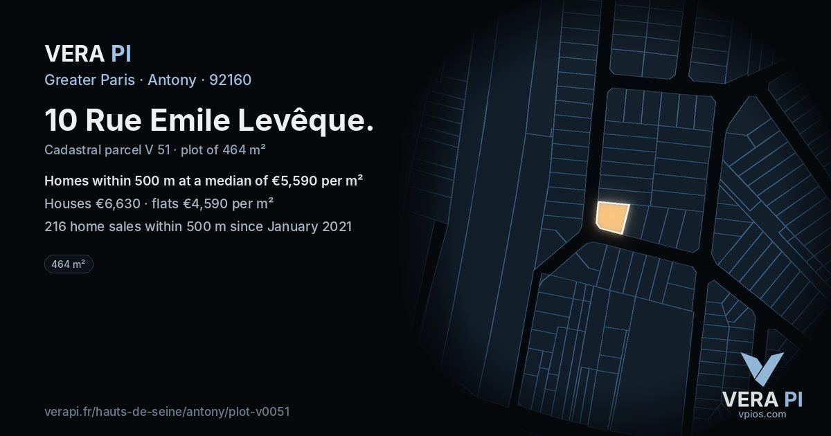 10 Rue Emile Levêque, Antony at night – the plot lit, the parcels around coloured by the prices near them