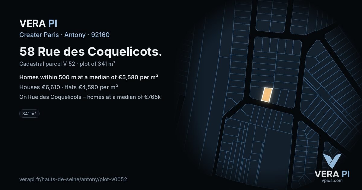 58 Rue des Coquelicots, Antony at night – the plot lit, the parcels around coloured by the prices near them