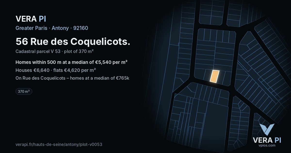 56 Rue des Coquelicots, Antony at night – the plot lit, the parcels around coloured by the prices near them