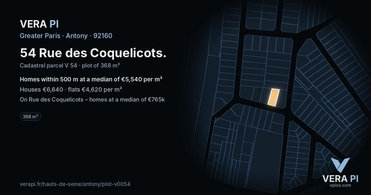 54 Rue des Coquelicots, Antony at night – the plot lit, the parcels around coloured by the prices near them
